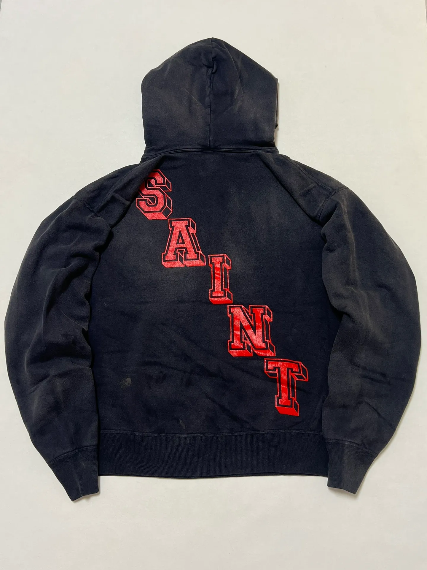 SAINT Mxxxxxx ANGEL HOODIE/BLK Angel Rebirth Crack Printed Retro Distressed Hoodie Assute dyeing, full-length spray-on fade, heavy fermentation wash, NEW VINTAGE texture, factory four-needle and six-thread workmanship, boneless patchwork, more comfortable to wear, genuine level crack print/accessories restored